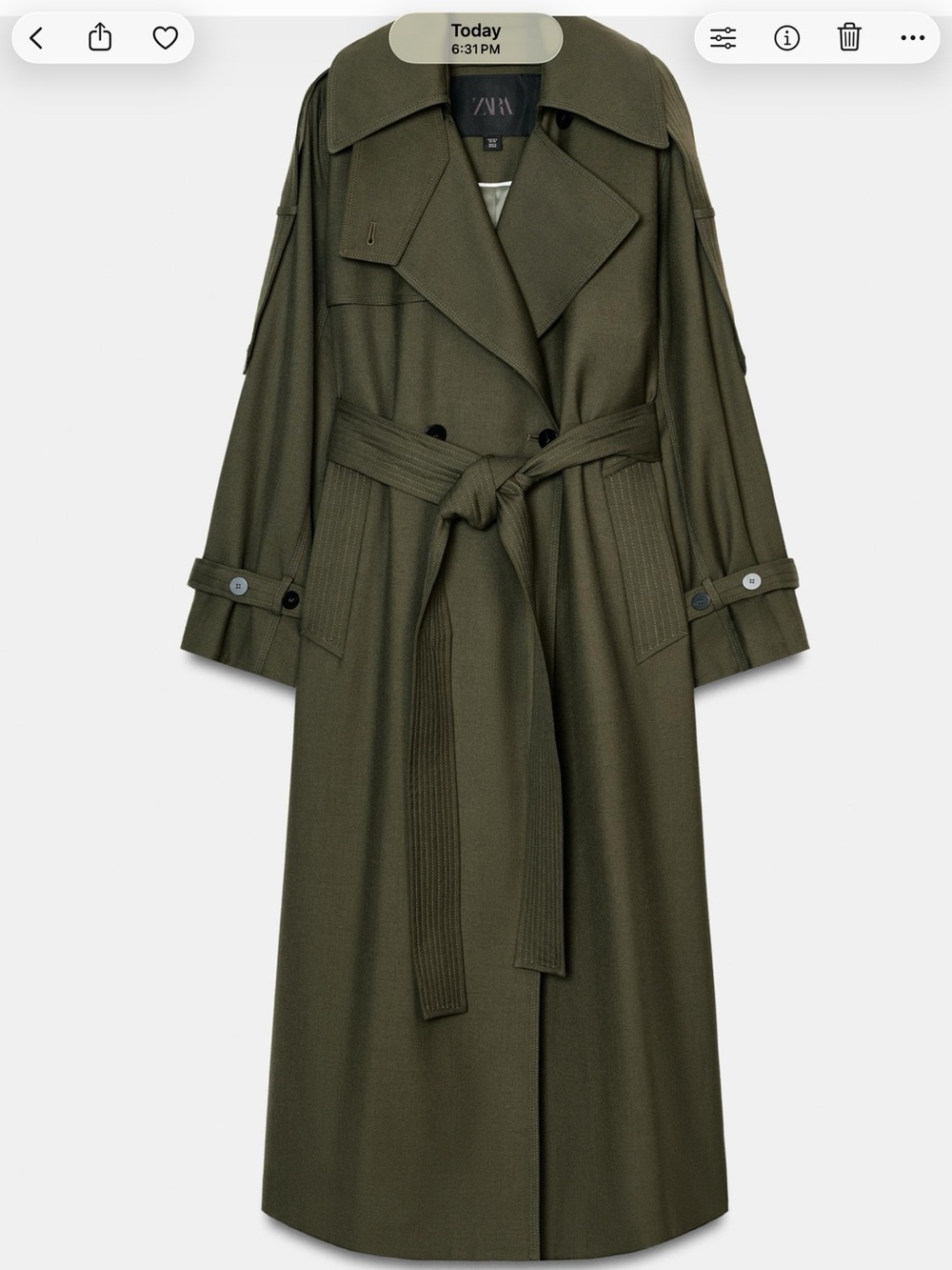 Zara Olive Trench Coat - Women's Oversized Long Coat - Picture 11 of 14